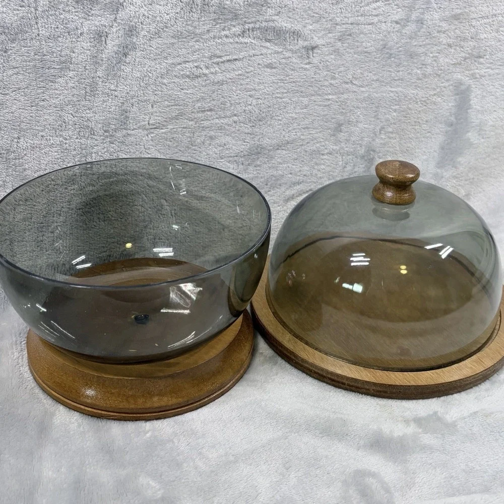 Vintage MCM Smoked Plastic Dome Cloche Wood Pedestal Cheese Server Bowl 8.5